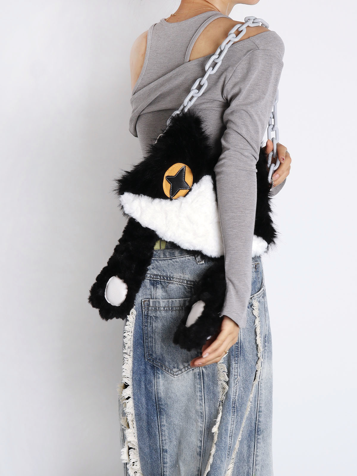 Plush Cow Cat Crossbody Bag for Students - Cute Face-Covering Design, Autumn Winter Niche Style Plush Cow Cat Crossbody Bag for Students - Cute Face-Covering Design, Autumn Winter Niche Style