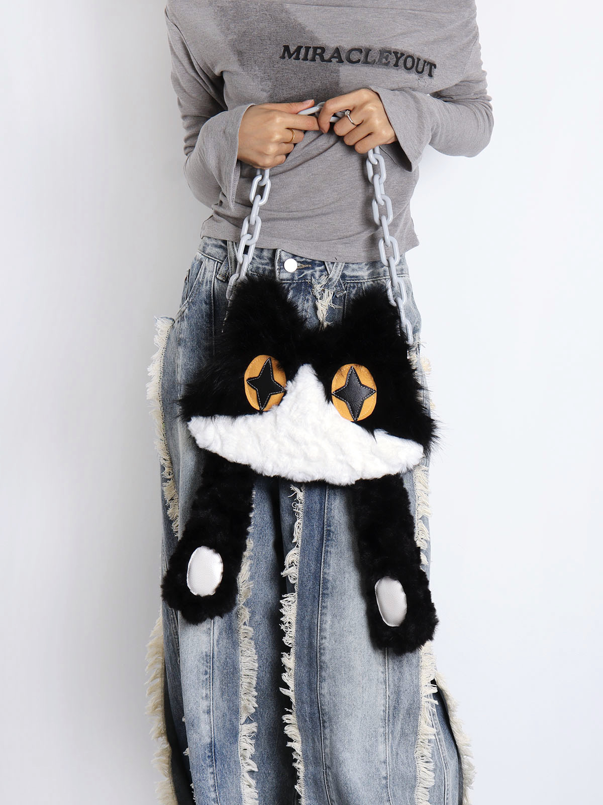 Plush Cow Cat Crossbody Bag for Students - Cute Face-Covering Design, Autumn Winter Niche Style Plush Cow Cat Crossbody Bag for Students - Cute Face-Covering Design, Autumn Winter Niche Style