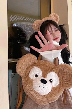 Plush Duffy Bear Big Face Bag - Versatile Cartoon Teddy Bear Doll Double Shoulder Handbag in Snow Pear Rose - Y2K Style