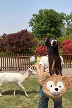 Plush Duffy Bear Big Face Bag - Versatile Cartoon Teddy Bear Doll Double Shoulder Handbag in Snow Pear Rose - Y2K Style