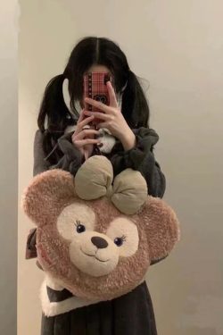 Plush Duffy Bear Big Face Bag - Versatile Cartoon Teddy Bear Doll Double Shoulder Handbag in Snow Pear Rose - Y2K Style