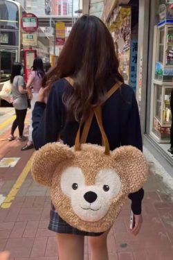 Plush Duffy Bear Big Face Bag - Versatile Cartoon Teddy Bear Doll Double Shoulder Handbag in Snow Pear Rose - Y2K Style