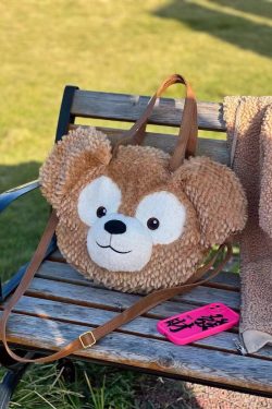 Plush Duffy Bear Big Face Bag - Versatile Cartoon Teddy Bear Doll Double Shoulder Handbag in Snow Pear Rose - Y2K Style