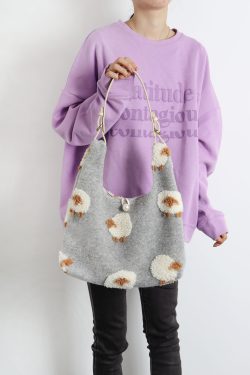 Plush Gray Lamb Tote Bag for Women, Soft and Cute Large Capacity Design, Trendy Niche Style