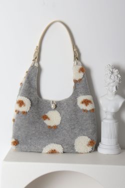 Plush Gray Lamb Tote Bag for Women, Soft and Cute Large Capacity Design, Trendy Niche Style