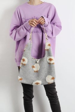 Plush Gray Lamb Tote Bag for Women, Soft and Cute Large Capacity Design, Trendy Niche Style