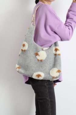 Plush Gray Lamb Tote Bag for Women, Soft and Cute Large Capacity Design, Trendy Niche Style