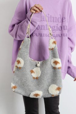 Plush Gray Lamb Tote Bag for Women, Soft and Cute Large Capacity Design, Trendy Niche Style