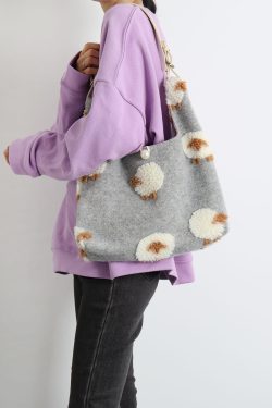 Plush Gray Lamb Tote Bag for Women, Soft and Cute Large Capacity Design, Trendy Niche Style