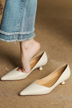 Pointed Toe Apricot Women's High Heels - Elegant Thin Heels for Spring 2025, Versatile Commuter Style, Genuine Leather