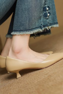 Pointed Toe Apricot Women's High Heels - Elegant Thin Heels for Spring 2025, Versatile Commuter Style, Genuine Leather