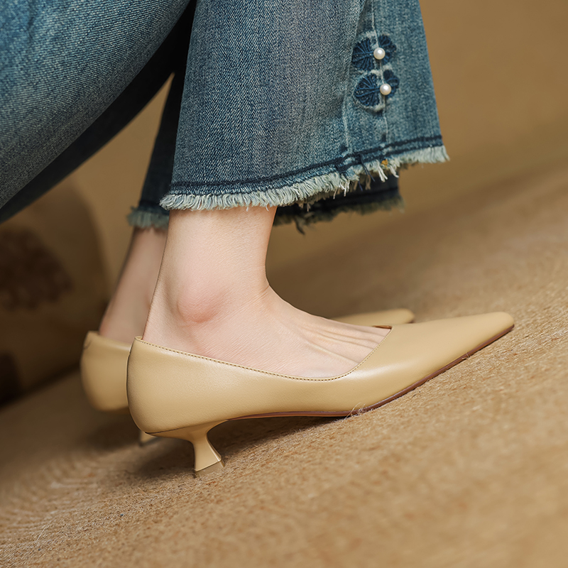 Pointed Toe Apricot Women's High Heels - Elegant Thin Heels for Spring 2025, Versatile Commuter Style, Genuine Leather Pointed Toe Apricot Women's High Heels - Elegant Thin Heels for Spring 2025, Versatile Commuter Style, Genuine Leather