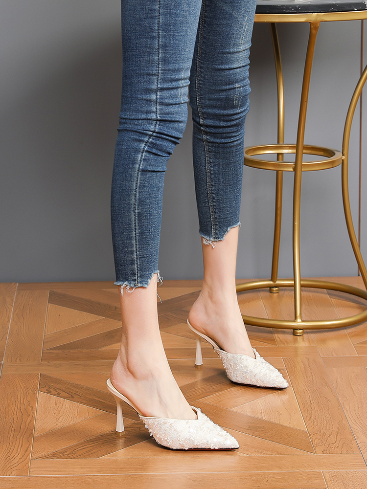 Pointed Toe Baotou Half Slippers for Women, 2025 Fashionable Sequined Mules with Thin High Heels, Versatile Style Pointed Toe Baotou Half Slippers for Women, 2025 Fashionable Sequined Mules with Thin High Heels, Versatile Style