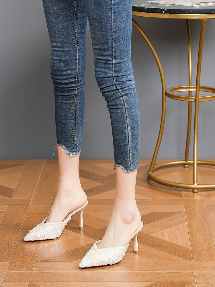 Pointed Toe Baotou Half Slippers for Women, 2025 Fashionable Sequined Mules with Thin High Heels, Versatile Style Pointed Toe Baotou Half Slippers for Women, 2025 Fashionable Sequined Mules with Thin High Heels, Versatile Style