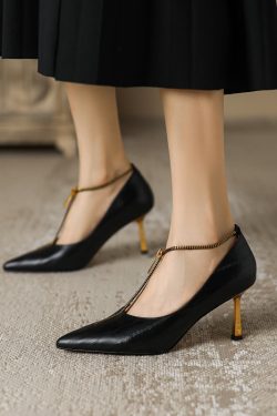 Pointed Toe French Genuine Leather T-Strap Zipper Stiletto Heels - Elegant Italian Design for Chic Style