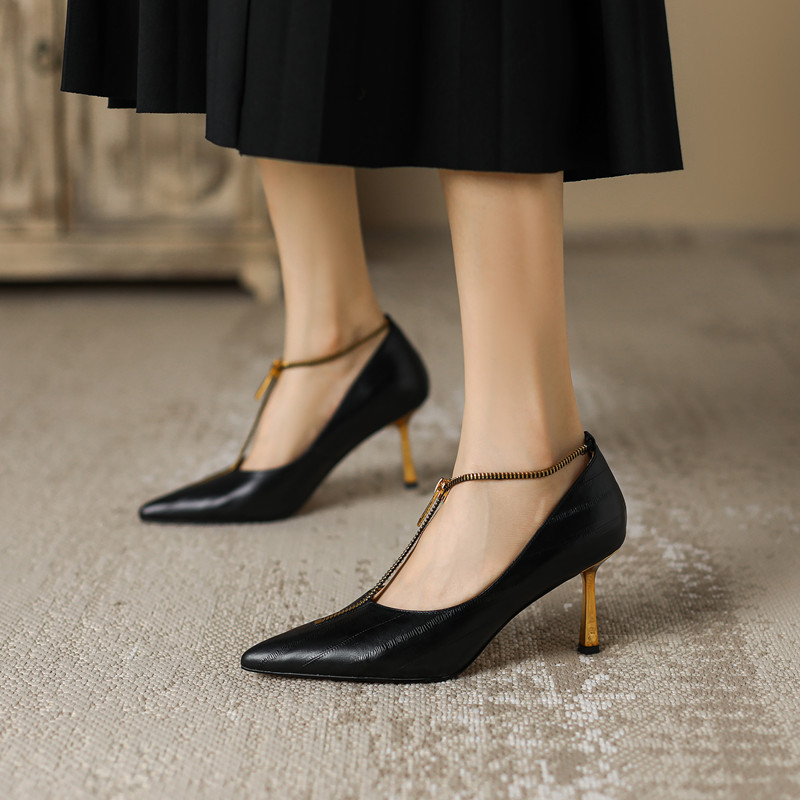 Pointed Toe French Genuine Leather T-Strap Zipper Stiletto Heels - Elegant Italian Design for Chic Style Pointed Toe French Genuine Leather T-Strap Zipper Stiletto Heels - Elegant Italian Design for Chic Style