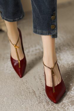 Pointed Toe French Genuine Leather T-Strap Zipper Stiletto Heels - Elegant Italian Design for Chic Style