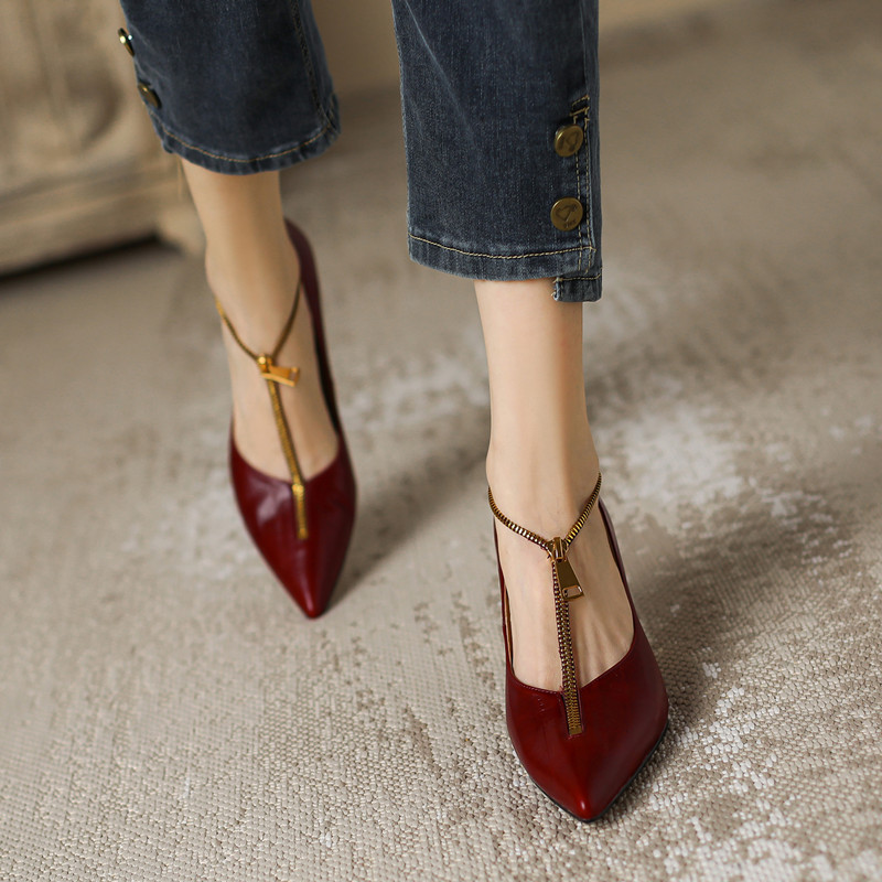 Pointed Toe French Genuine Leather T-Strap Zipper Stiletto Heels - Elegant Italian Design for Chic Style Pointed Toe French Genuine Leather T-Strap Zipper Stiletto Heels - Elegant Italian Design for Chic Style