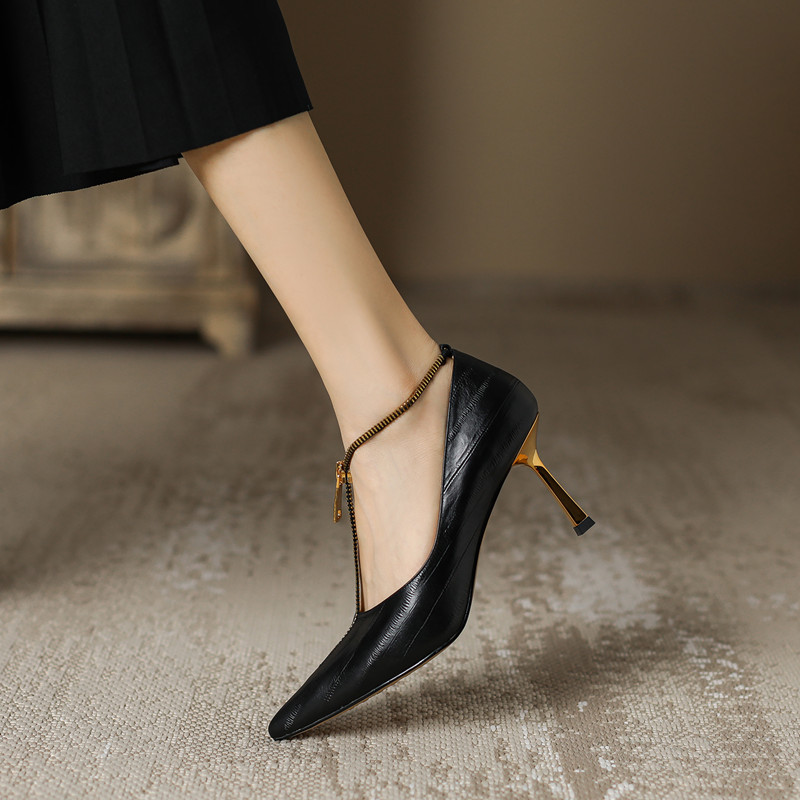 Pointed Toe French Genuine Leather T-Strap Zipper Stiletto Heels - Elegant Italian Design for Chic Style Pointed Toe French Genuine Leather T-Strap Zipper Stiletto Heels - Elegant Italian Design for Chic Style