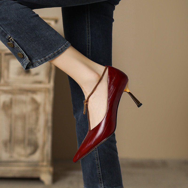 Pointed Toe French Genuine Leather T-Strap Zipper Stiletto Heels - Elegant Italian Design for Chic Style Pointed Toe French Genuine Leather T-Strap Zipper Stiletto Heels - Elegant Italian Design for Chic Style