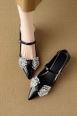 Pointed Toe French Rhinestone Bow Flat Shoes for Women - Italian Style Dimpled Design, Shallow Mouth, Chic Footwear