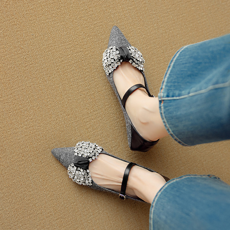 Pointed Toe French Rhinestone Bow Flat Shoes for Women - Italian Style Dimpled Design, Shallow Mouth, Chic Footwear Pointed Toe French Rhinestone Bow Flat Shoes for Women - Italian Style Dimpled Design, Shallow Mouth, Chic Footwear
