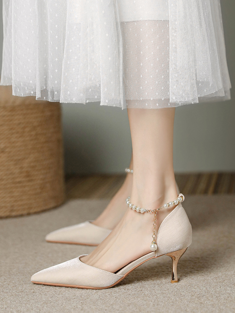 Pointed Toe High-Heeled Sandals for Women with Pearl Detail - Elegant Thin Heel Bridal and Bridesmaid Footwear Pointed Toe High-Heeled Sandals for Women with Pearl Detail - Elegant Thin Heel Bridal and Bridesmaid Footwear