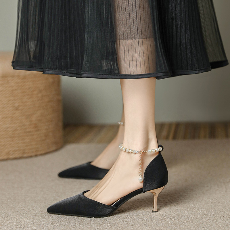 Pointed Toe High-Heeled Sandals for Women with Pearl Detail - Elegant Thin Heel Bridal and Bridesmaid Footwear Pointed Toe High-Heeled Sandals for Women with Pearl Detail - Elegant Thin Heel Bridal and Bridesmaid Footwear