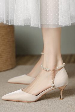 Pointed Toe High-Heeled Sandals for Women with Pearl Detail - Elegant Thin Heel Bridal and Bridesmaid Footwear
