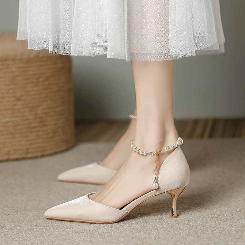 Pointed Toe High-Heeled Sandals for Women with Pearl Detail - Elegant Thin Heel Bridal and Bridesmaid Footwear Pointed Toe High-Heeled Sandals for Women with Pearl Detail - Elegant Thin Heel Bridal and Bridesmaid Footwear