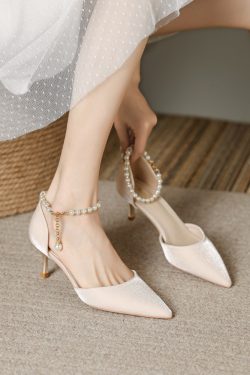 Pointed Toe High-Heeled Sandals for Women with Pearl Detail - Elegant Thin Heel Bridal and Bridesmaid Footwear