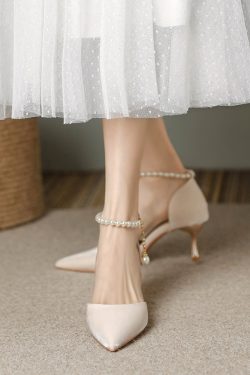 Pointed Toe High-Heeled Sandals for Women with Pearl Detail - Elegant Thin Heel Bridal and Bridesmaid Footwear