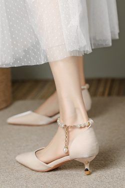 Pointed Toe High-Heeled Sandals for Women with Pearl Detail - Elegant Thin Heel Bridal and Bridesmaid Footwear