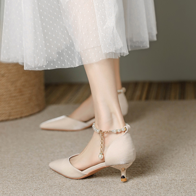 Pointed Toe High-Heeled Sandals for Women with Pearl Detail - Elegant Thin Heel Bridal and Bridesmaid Footwear Pointed Toe High-Heeled Sandals for Women with Pearl Detail - Elegant Thin Heel Bridal and Bridesmaid Footwear