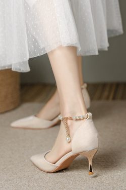 Pointed Toe High-Heeled Sandals for Women with Pearl Detail - Elegant Thin Heel Bridal and Bridesmaid Footwear