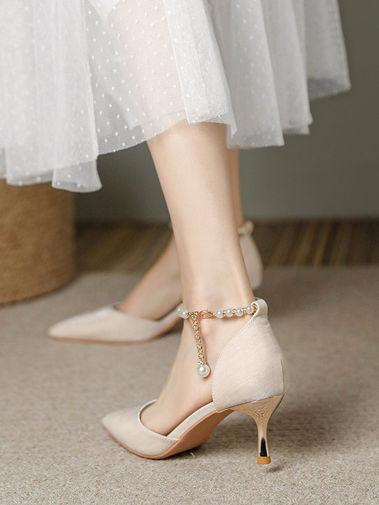 Pointed Toe High-Heeled Sandals for Women with Pearl Detail - Elegant Thin Heel Bridal and Bridesmaid Footwear Pointed Toe High-Heeled Sandals for Women with Pearl Detail - Elegant Thin Heel Bridal and Bridesmaid Footwear