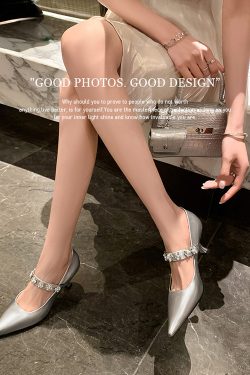 Pointed Toe Rhinestone Strap High Heels - Women's Fashionable Genuine Leather Mary Jane Shoes in Italian Style