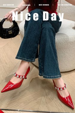 Pointed Toe Rhinestone Strap High Heels - Women's Fashionable Genuine Leather Mary Jane Shoes in Italian Style