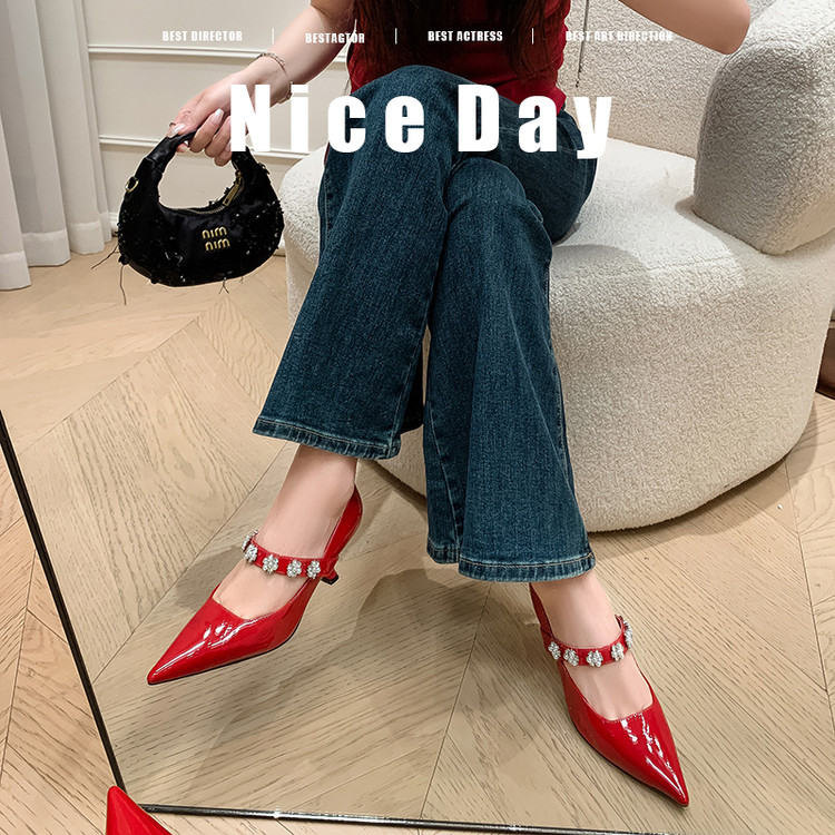 Pointed Toe Rhinestone Strap High Heels - Women's Fashionable Genuine Leather Mary Jane Shoes in Italian Style Pointed Toe Rhinestone Strap High Heels - Women's Fashionable Genuine Leather Mary Jane Shoes in Italian Style