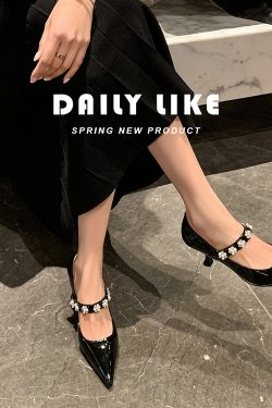 Pointed Toe Rhinestone Strap High Heels - Women's Fashionable Genuine Leather Mary Jane Shoes in Italian Style