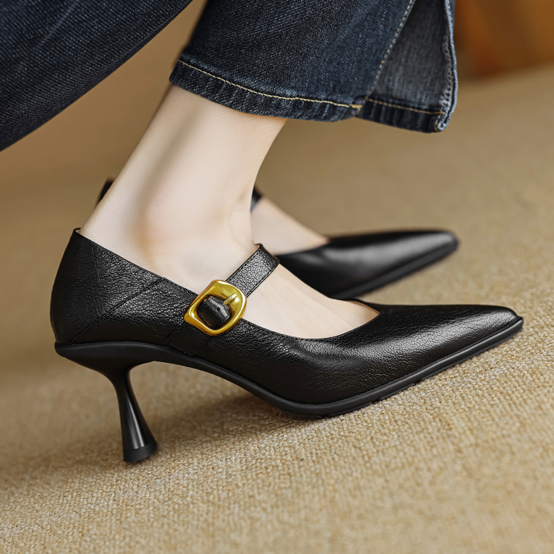 Pointed Toe Shallow Mouth High Heels - Vintage One-Strap Low-Heeled Sheepskin Shoes for Elegant Style Pointed Toe Shallow Mouth High Heels - Vintage One-Strap Low-Heeled Sheepskin Shoes for Elegant Style