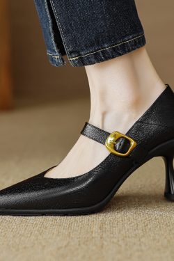 Pointed Toe Shallow Mouth High Heels - Vintage One-Strap Low-Heeled Sheepskin Shoes for Elegant Style