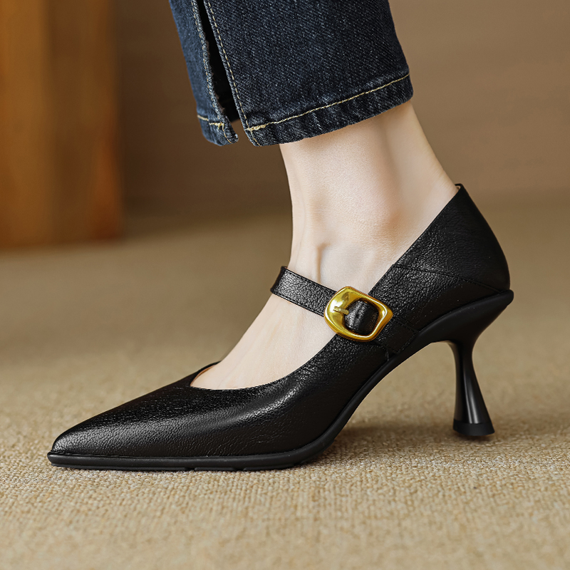 Pointed Toe Shallow Mouth High Heels - Vintage One-Strap Low-Heeled Sheepskin Shoes for Elegant Style Pointed Toe Shallow Mouth High Heels - Vintage One-Strap Low-Heeled Sheepskin Shoes for Elegant Style