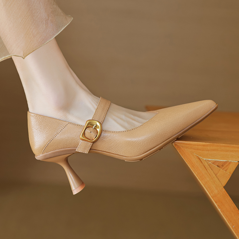 Pointed Toe Shallow Mouth High Heels - Vintage One-Strap Low-Heeled Sheepskin Shoes for Elegant Style Pointed Toe Shallow Mouth High Heels - Vintage One-Strap Low-Heeled Sheepskin Shoes for Elegant Style