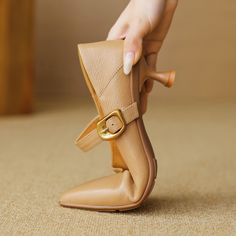 Pointed Toe Shallow Mouth High Heels - Vintage One-Strap Low-Heeled Sheepskin Shoes for Elegant Style Pointed Toe Shallow Mouth High Heels - Vintage One-Strap Low-Heeled Sheepskin Shoes for Elegant Style
