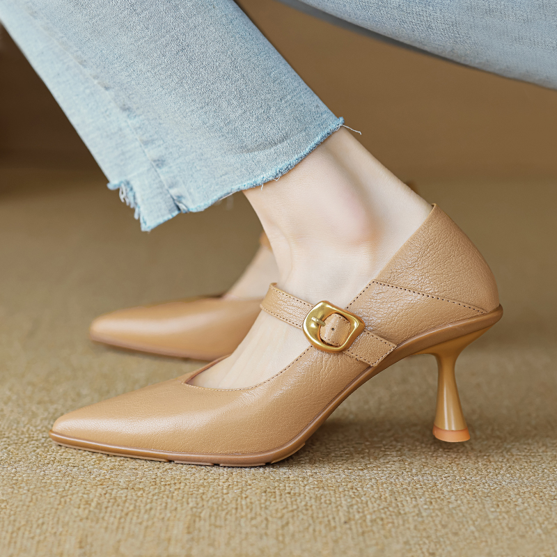 Pointed Toe Shallow Mouth High Heels - Vintage One-Strap Low-Heeled Sheepskin Shoes for Elegant Style Pointed Toe Shallow Mouth High Heels - Vintage One-Strap Low-Heeled Sheepskin Shoes for Elegant Style