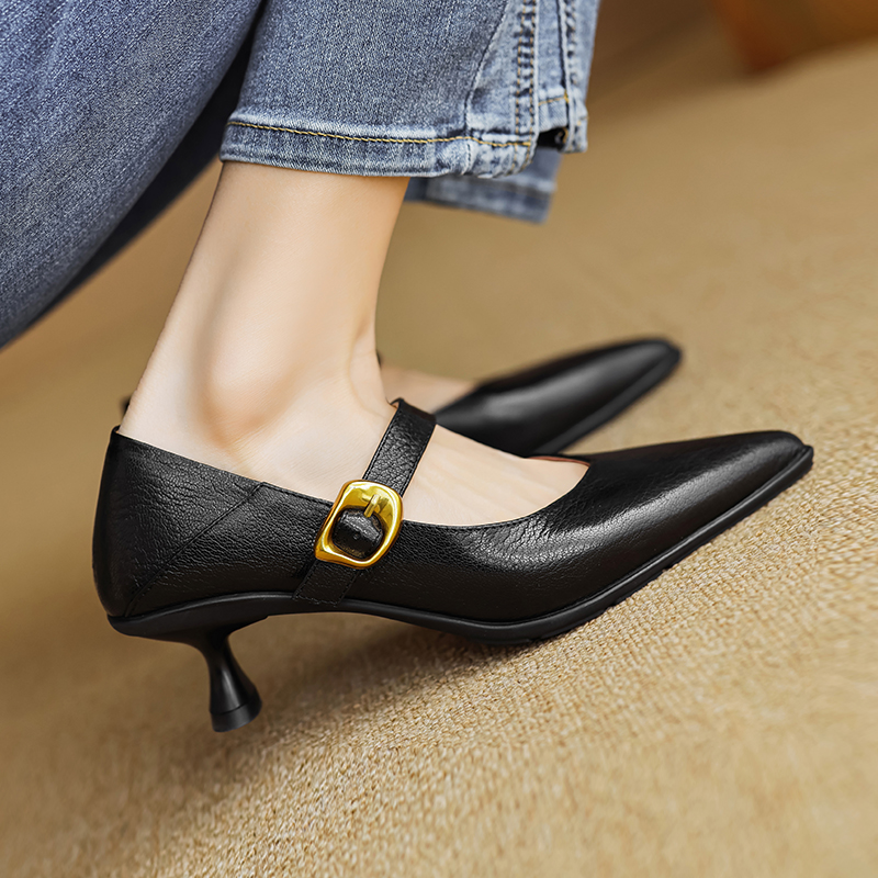 Pointed Toe Shallow Mouth High Heels - Vintage One-Strap Low-Heeled Sheepskin Shoes for Elegant Style Pointed Toe Shallow Mouth High Heels - Vintage One-Strap Low-Heeled Sheepskin Shoes for Elegant Style