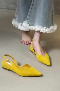 Pointed Toe Sheepskin Wedge Heeled Sandals for Women, French Minimalist Back Strap Evening Shoes, Chic Commuting Flats