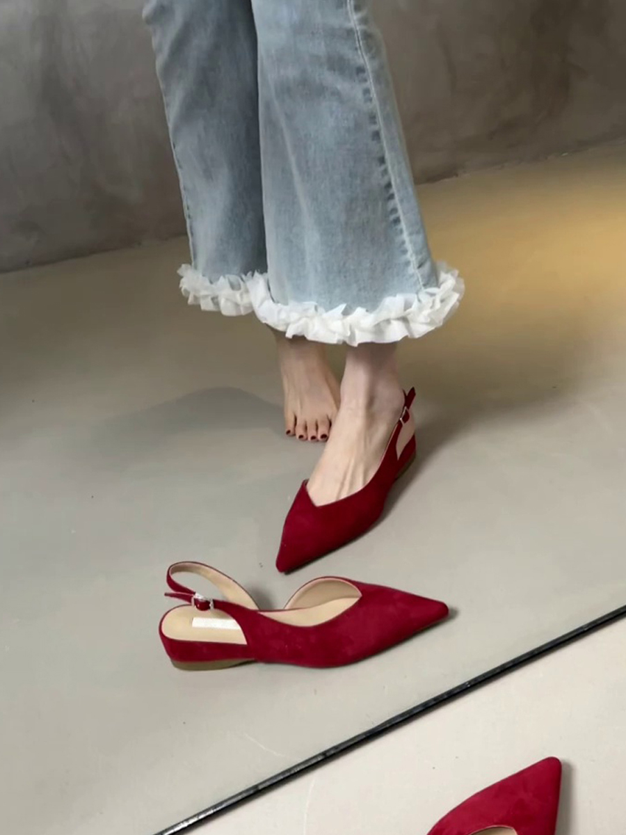 Pointed Toe Sheepskin Wedge Heeled Sandals for Women, French Minimalist Back Strap Evening Shoes, Chic Commuting Flats Pointed Toe Sheepskin Wedge Heeled Sandals for Women, French Minimalist Back Strap Evening Shoes, Chic Commuting Flats