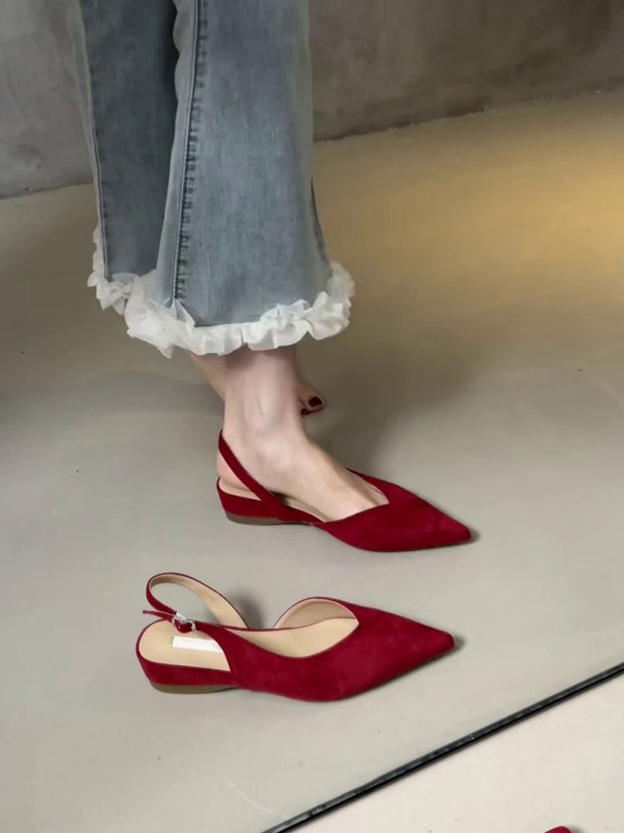 Pointed Toe Sheepskin Wedge Heeled Sandals for Women, French Minimalist Back Strap Evening Shoes, Chic Commuting Flats Pointed Toe Sheepskin Wedge Heeled Sandals for Women, French Minimalist Back Strap Evening Shoes, Chic Commuting Flats